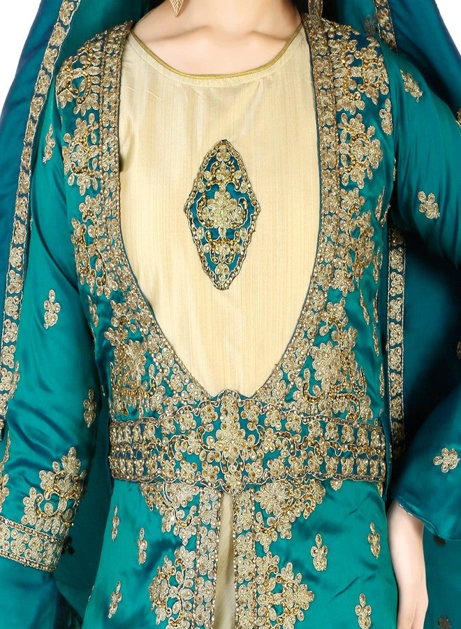 Aura Halima Sultan Embroidered Gown with Cap and Belt and Jacket (Blue, 13-14 Years) - Image 3